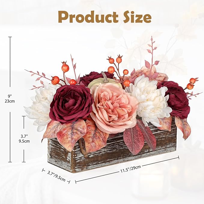 DILATATA Fall Decor Autumn Harvest Pumpkins Centerpiece - Artificial Rose Chrysanthemum Flowers Berries Arrangement in Rectangle Wooden Box for Thanksgiving Party Mantel Fall Decor