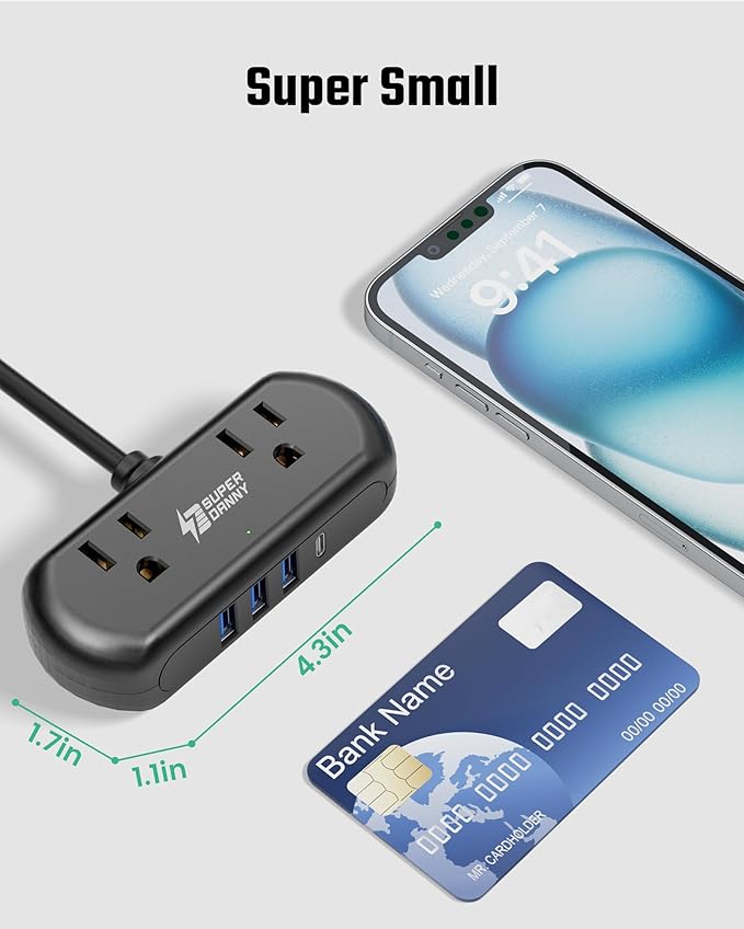 SUPERDANNY Power Strip with USB, 9.8ft Mini Desktop Charging Station with 2 Wide-Spaced Outlets & 4 USB Ports, Portable Flat Plug Extension Cord for Travel, Dorm, Room, Home Office Essentials, Black