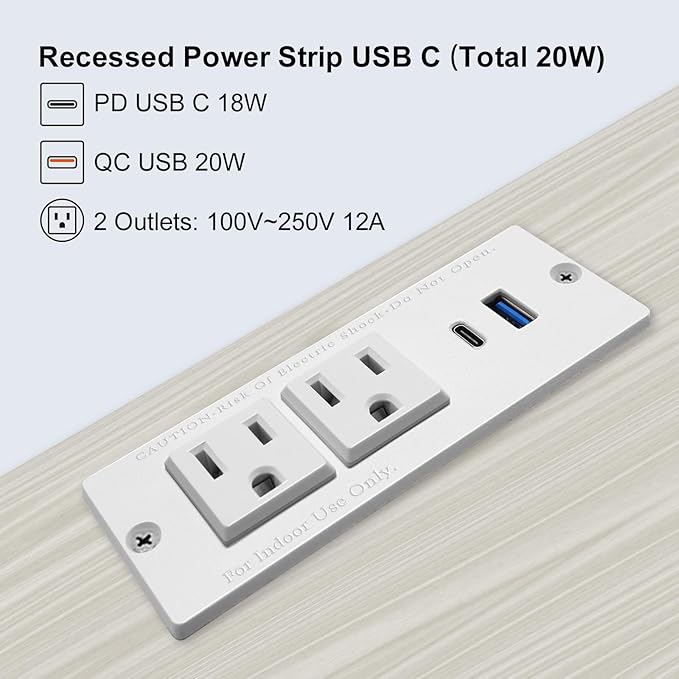 USB C Recessed Power Strip Fast Charge Desktop Power Station 2 Outlets 2 USB (PD20W & QC18W, Total 20W) Mountable Flat Plug Extension Cord Mount for Tabletop Sofa Cabinet Nightstand (USB C White)