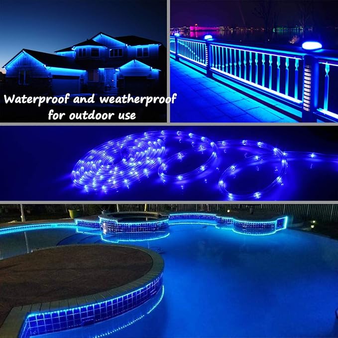 Blue LED Lights, 16ft Rope Lights, Connectable and Flexible Blue Strip Lighting, High Brightness 3528 LEDs with Clear PVC Jacket, Waterproof Weatherproof for Indoor Outdoor Use
