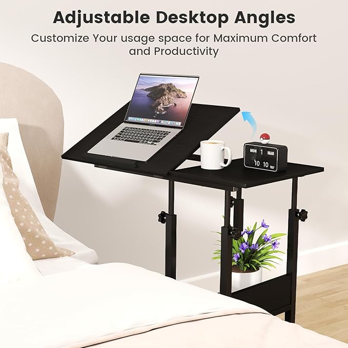 Hadulcet Adjustable C Table with Charging Station, Tiltable Desk C Shaped End Table for Couch, Over Bed Stand with Wheels Adjustable Height, Hospital Table Laptop Stand Drawing Desk, Black