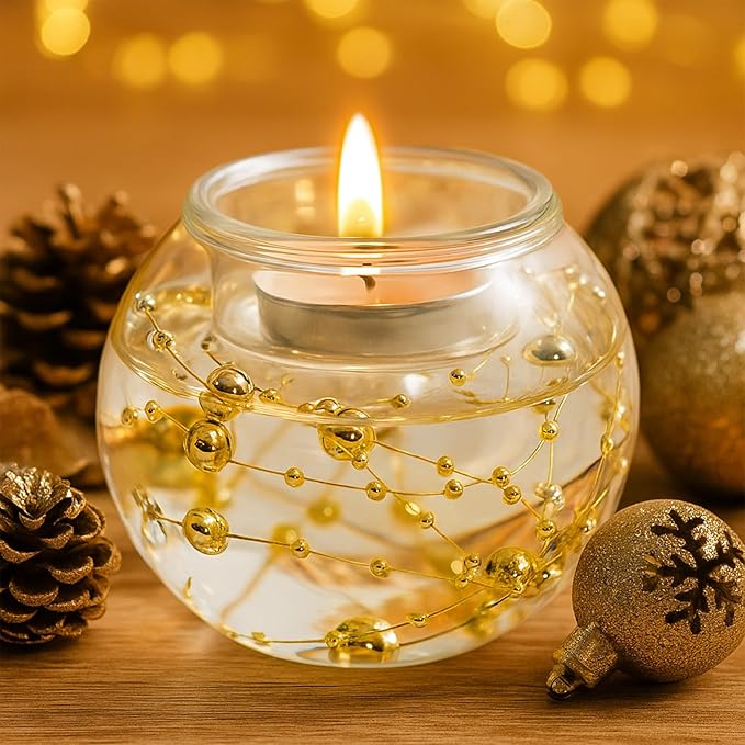 16 Pcs Glass Clear Votive Floating Candle Holders with 8 Pcs Bright Pearl String Beads, Tealight Bowl Candle Holder Bulk for Wedding Centerpiece Home Bridal Shower Party Decor (Gold)