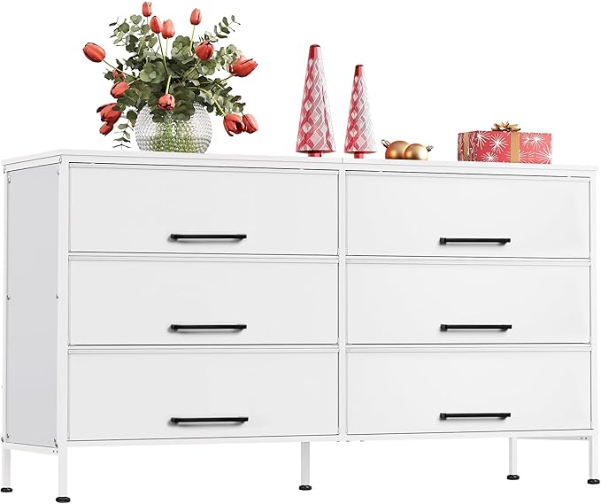 WLIVE White TV Stand for 60, 65, 70 inch TV, Large Entertainment Center with 6 Fabric Drawer, TV Media Console Table with Wood Top, Adjustable Feet for Living Room,