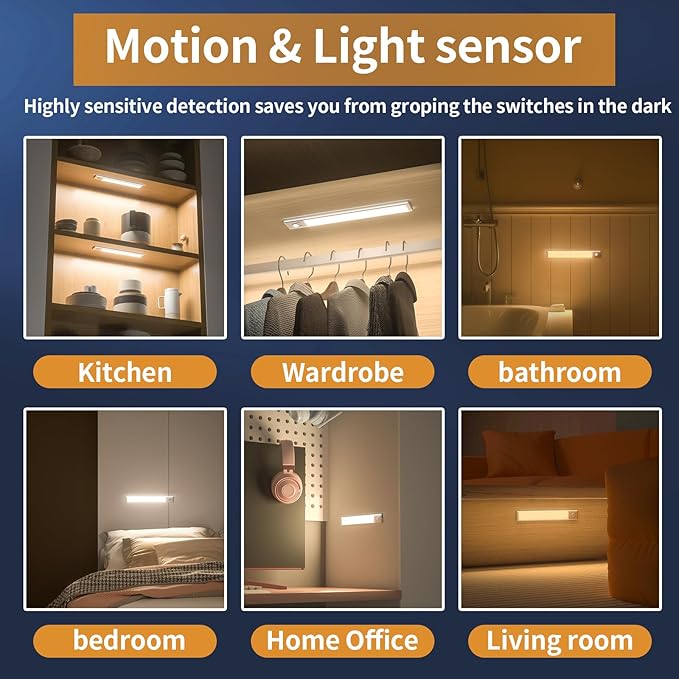 Under Cabinet Lights,88 LED Operated Motion Sensor Light Indoor,2200mAh USB Rechargeable Closet Lights, 4 Pack Magnetic Dimmable Closet Lights，Wireless Under Counter Lights for Kitchen, Stairs