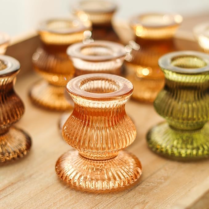 WDHODEC Glass Candlestick Holders 12PCS Taper Candle Holders for Table Centerpiece Vintage Colorful Candle Sticks for Wedding, Party and Birthday Table Decoration(Brown)