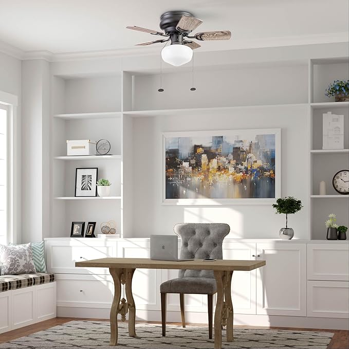 Prominence Home Hero, 28 Inch Traditional Flush Mount Indoor LED Ceiling Fan with Light, Pull Chain, Dual Finish Blades, Reversible Motor - 51655-01 (Bronze)