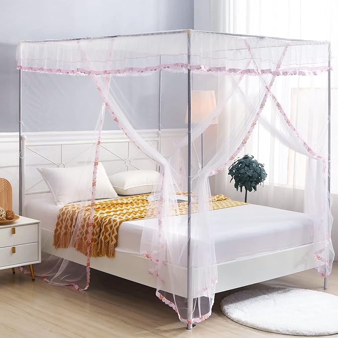 Canopy Bed Curtains Queen- 4 Corner Post Canopy for Bed, Bed Canopy for Adults, Bedroom Decor (Queen Size, White)