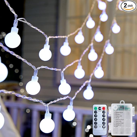 2 Pack Globe String Lights Battery Operated - 21 Feet 60 Led Fairy Lights, 8 Modes with Remote Mini Globe Lights for Indoor Outdoor Bedroom Party Wedding Garden Christmas Tree Decor, Pure White