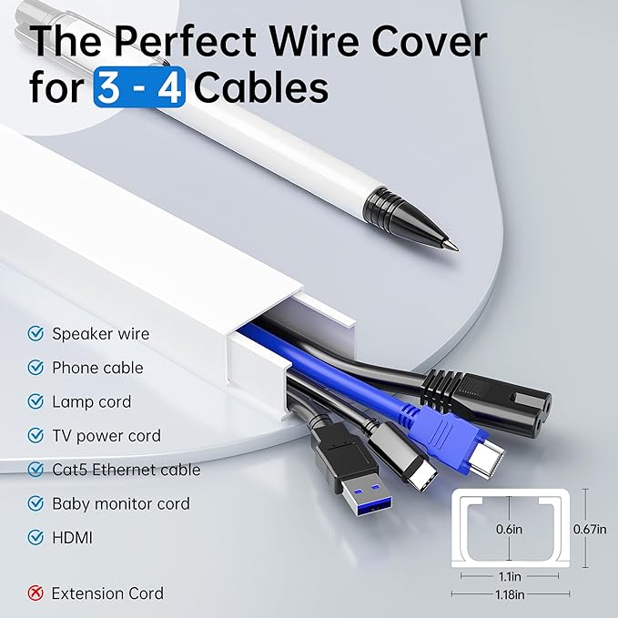Delamu Cable Hider, 315in Cord Covers for Wires on Wall, One-Cord Cord Hider, Paintable Wire Hiders Wire Covers for Cords, Cable Management for Hiding 3-4 Wires, 20x L15.7 W0.1.18 H0.60in, White