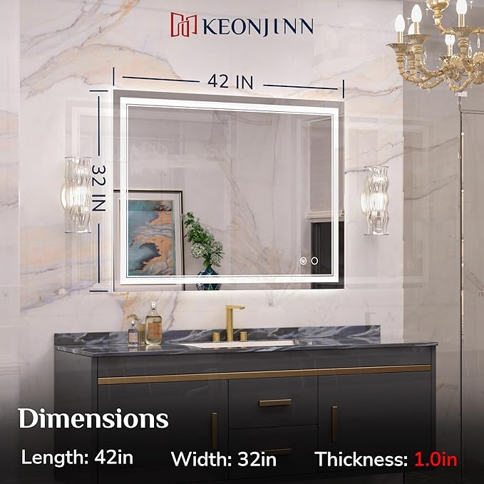 Keonjinn Lighted Bathroom Mirror, 42 x 32 Inch Bathroom LED Mirror with Lights, Frontlit Only, HD Tempered Glass, UL-Listed LED Driver, Anti-Fog, 6000K Dimmale, Easy Installation(Horizontal/Vertical)