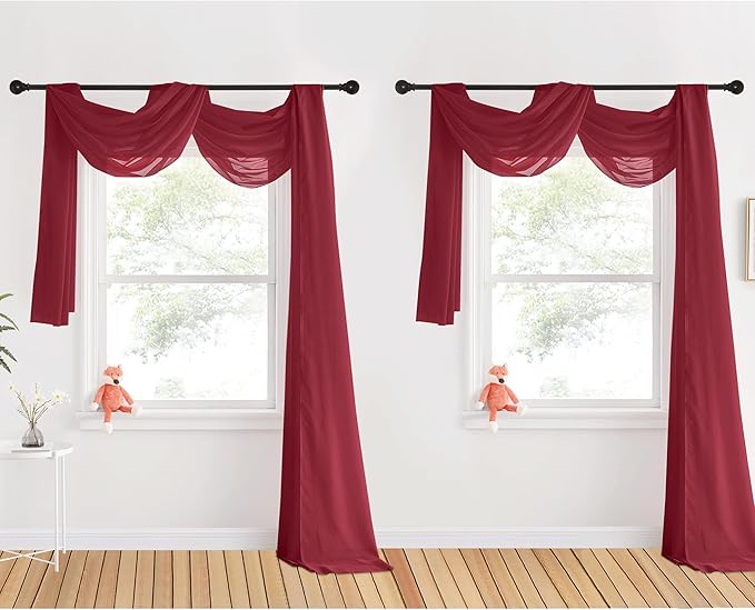 NICETOWN Window Scarfs for Living Room Extra Long, Haute Red Chic Decorative Valances for Ceremony, Set of 2, 60" Wide by 216" Long