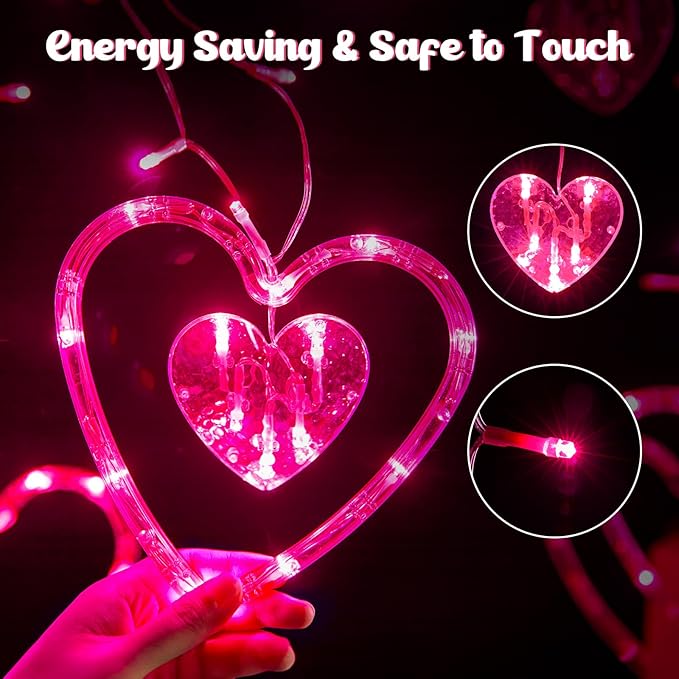Valentines Day Decor, Pink Love Heart String Lights for Bedroom, 12 Hearts 138 LED Fairy Twinkle Lights with Remote, 8 Lighting Modes Connectable Window Lights for Valentine's Day Wedding Home Decor