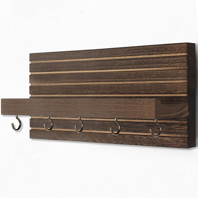 Decorative Key Holder for Wall with Shelf, Entryway Shelf with Hooks Holds Leashes, Jackets and Glasses – Sturdy Wood Keyholder Entrance Hanger with Mounting Hardware (Brown, Medium)