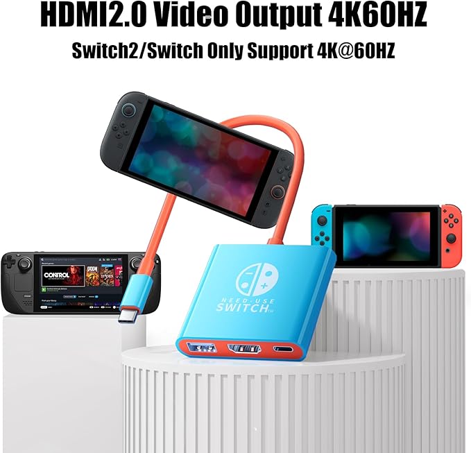USB C to HDMI Adapter for Switch, Dock 3 in 1 TV Adapter with 4K HDMI Cable, 100W Type C Charging, Compatible with Switch, Steam Deck, Smartphones, PC (bleu)