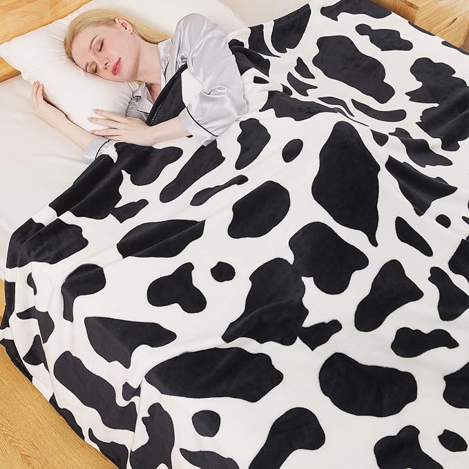 Fleece Cow Print Blanket - Premium Lightweight Anti-Static Bed Cow Throws Soft Cozy Warm Blankets Plush Gift, Bedroom Decor 90" x 108"(Black Cow King)