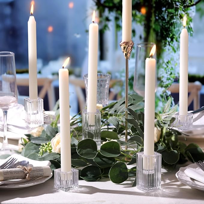 LETINE 12pcs Vertical Stripe Glass Candlestick Holders - Chic Taper Candle Sticks Holder Set for Elegant Dining & Home Decor - Ideal for Wedding Centerpieces, Parties, and Celebrations
