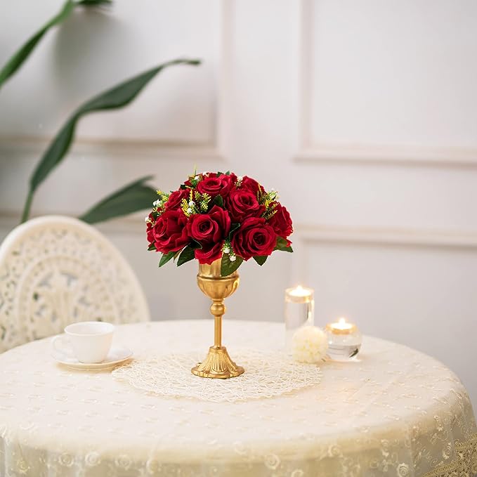 BLOSMON Flower Centerpieces for Tables Wedding: 10 Pcs Crimson Red Artificial Rose Flowers Balls Decoration - 9.5 Inch Fake Silk Kissing Floral Arrangement for Home Party Event DIY Decor