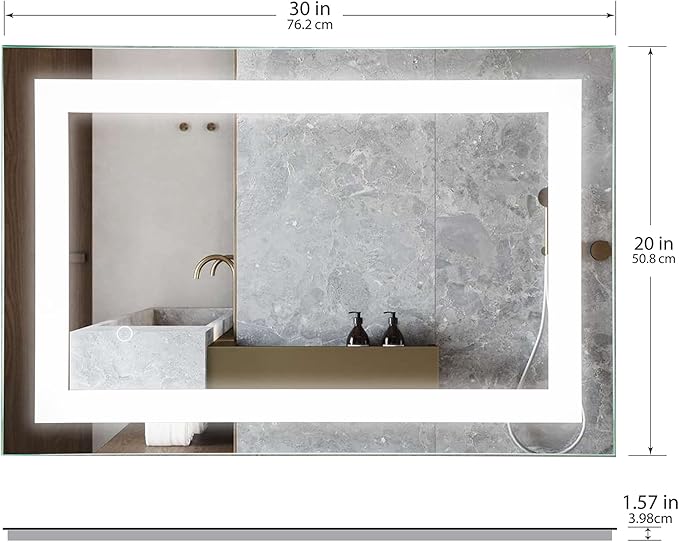 LED Vanity Bathroom Mirror 30 x 20 in. Wall Mounted, Dimmable, Lighted, Anti-Fog Mirror – Modern, Frameless Design