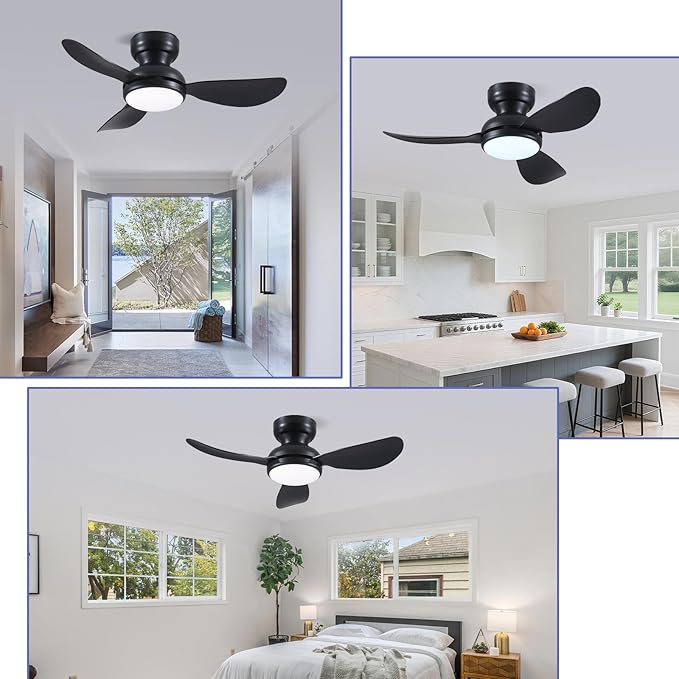36 Inch Modern Ceiling Fans with Lights, Small Flush Mount Ceiling Fan with Light and Remote/APP Control, 3 Reversible 6 Speeds Curved Blades, 3 CCT Dimmable Lights for Bedroom, Black