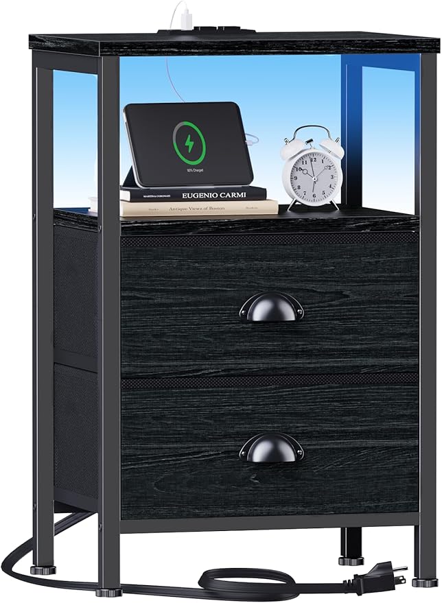 Furologee Nightstands with Charging Station, End Table with LED Lights, Black Night Stands with 2 Fabric Drawers, Bedside Tables with Shelves for Living Room/Bedroom,Black Oak