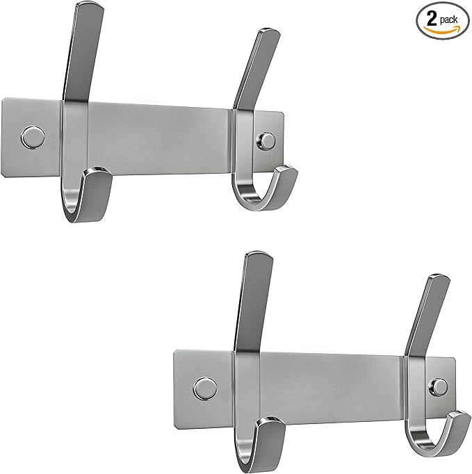 Small Coat Rack Wall Mount – Brushed Nickel 6 Inch Stainless Steel Hook Rail with 2 Heavy Duty Double Coat Hooks – Wall Mounted Coat Hanger for Entryway, Bathroom, Bedroom, Hat Organizer - 2 Pack