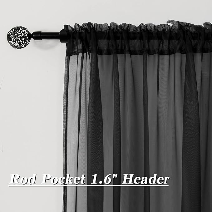 HUTO Black Sheer Curtains 54 inches Long for Bedroom Top Rod Pocket Sheer Window Panels Curtains for Nursery Living Room 52 by 54 Inch Length Set of 2