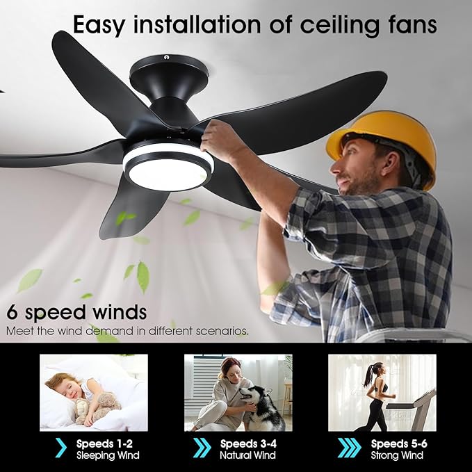 46 inch Ceiling Fans with Lights and Remote/APP Control, Modern Flush Mount Ceiling Fans with 5 Reversible Blades 6 Speeds, 3 Colors Dimmable+Ring Lights for Bedroom Dining Room, Black