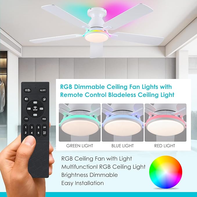 Ceiling Fans with Lights- 52" RGB Low Profile Indoor Ceiling Fan with Light and Remote/APP Control, Flush Mount, LED Dimmable DC Reversible Modern Ceiling Fan for Bedroom（White）