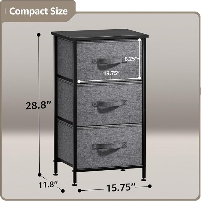 Sorbus Nightstand with 3 Drawers - Bedside Furniture & Night Stand End Table Dresser with Steel Frame, Wood Top, Easy Pull Fabric Bins for Home, Bedroom Accessories, Office & Dorm