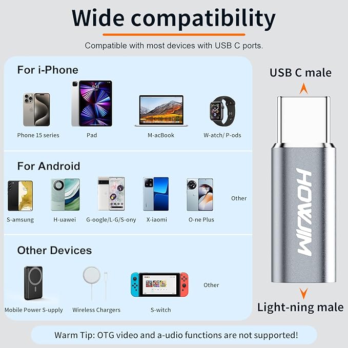Light-ning to USB C Adapter 2Pack,PD27W/66W QC100W Fast Charging Data Transfer,Type C Charger Converter Cable for Phone 17/16/15 Serie Pad G-alaxy,Not for Headphones/OTG/Flash Drive/A-pple Pencil Gray