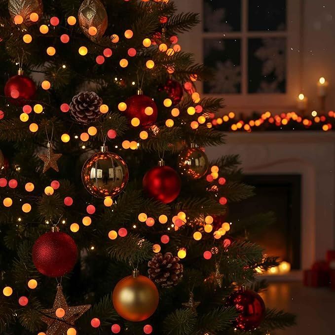 QBIS 120 LED Christmas Cluster Fairy Lights – Red, Orange, Yellow Indoor Decorative String Lights, Plug-in Fall Decor for Indoor or Outdoor use.