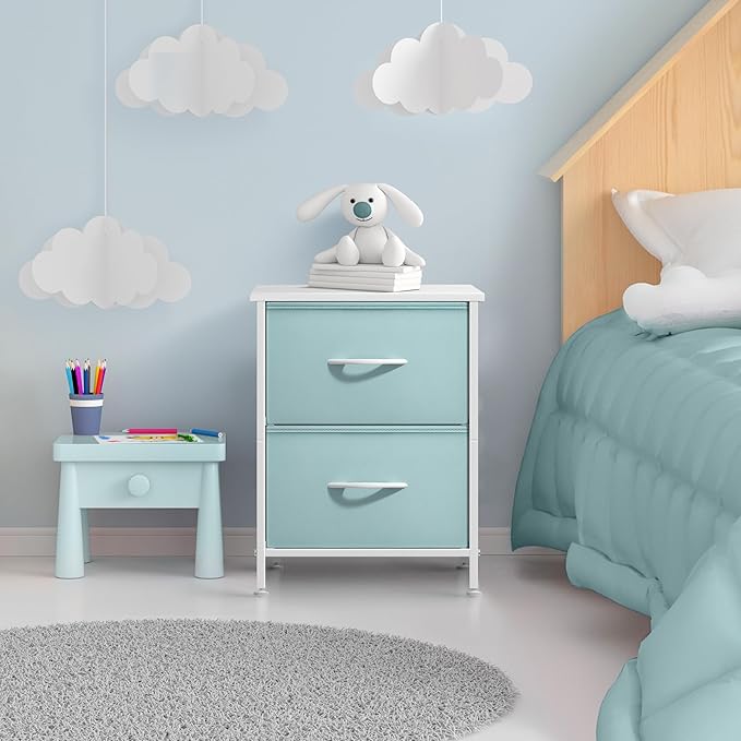 Sorbus Nightstand with 2 Drawers - Kids Bedside Furniture End Table Night Stand - Steel Frame, Wood Top & Easy Pull Fabric Bins - Dresser & Chest for Home, Bedroom Accessories, Office & College Dorm