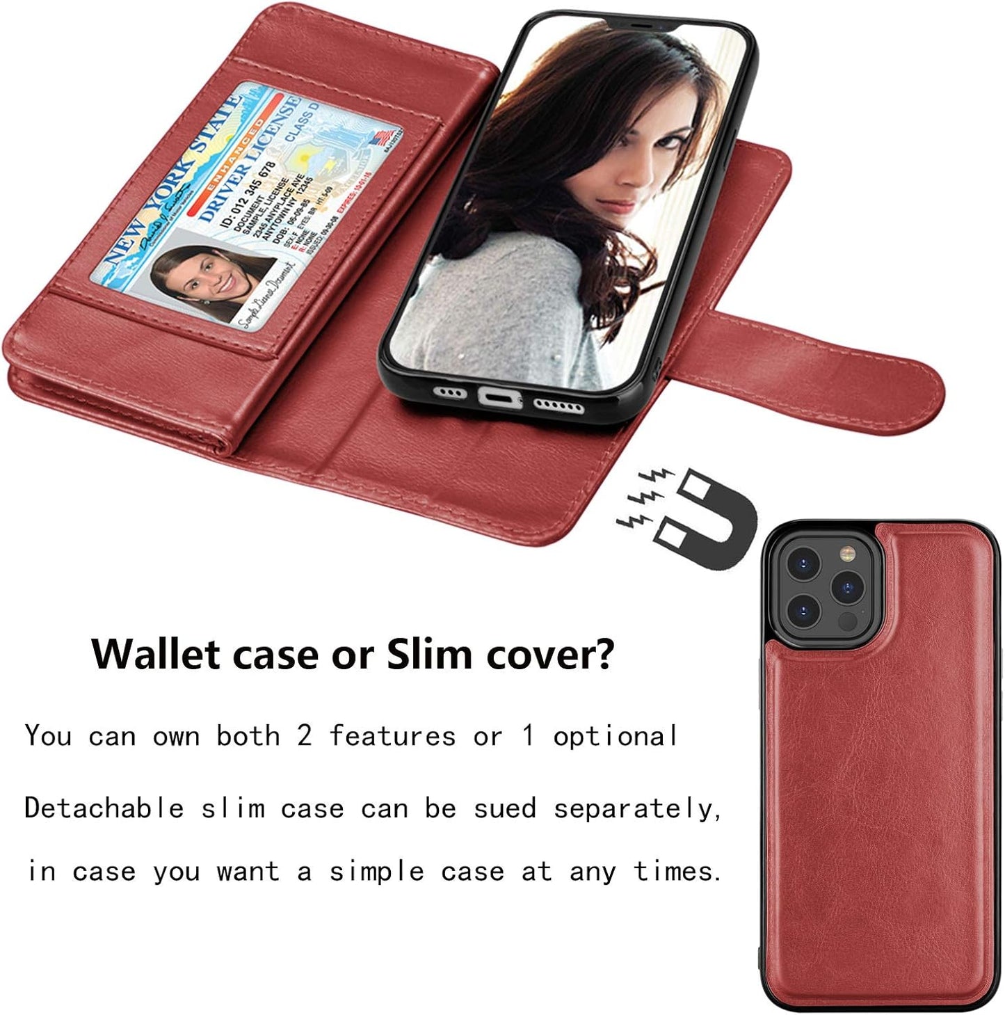 Njjex iPhone 12 Pro Max Wallet Case - 9 Card Slots, PU Leather, Detachable Kickstand (Wine Red)