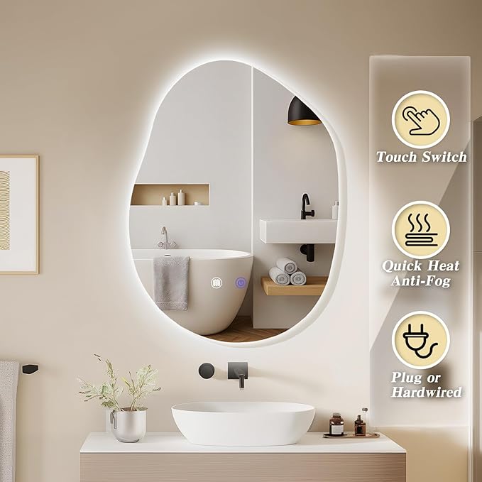 QDSSDECO Irregular LED Bathroom Mirror with Lights,Asymmetrical Led Bathroom Vanity Mirror for Wall with Front and Backlit, Anti Fog, 3 Colors and Dimmable Light, 23" x 31"