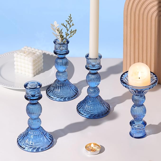 DARJEN Blue Candlestick Holders Set of 4 - Vertical Stripe Glass Candle Holders for Candlesticks and Taper Candles, Taper Candle Holder for Wedding Shower, Party, Dinner Table Decor