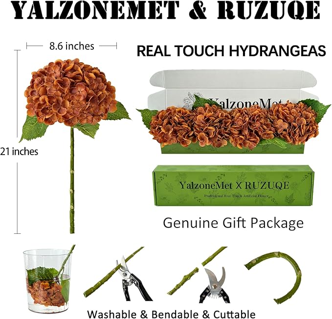 YalzoneMet 4 Pcs Orange Brown Hydrangea Artificial Flowers 21‘’ Real Touch Latex Hydrangea Fake Flowers for Fall Home Decor Party Kitchen Bedroom Bronze Vintage Flower Table Centerpieces
