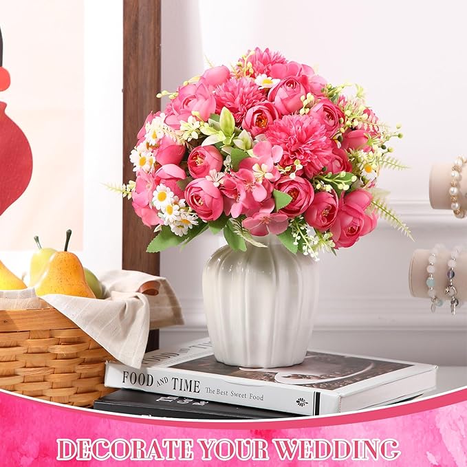 Tigeen 12 Bundles Peonies Artificial Flowers Faux Roses Silk Flowers Hydrangea Artificial Bouquet for Wedding Table Centerpiece Floral Vase Home Office Bridal Decor (Rose Pink)