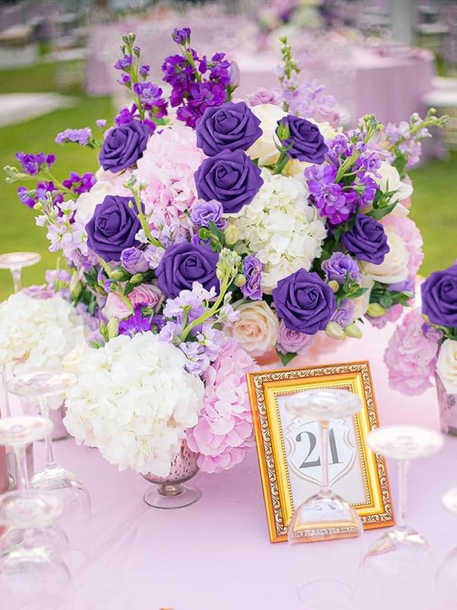 MACTING Purple Artificial Flowers 30PCS Fake Roses with Stem Real Soft Touch Foam Roses DIY Wedding Bouquet Table Centerpieces Party Bridal Shower Home Halloween Decorations