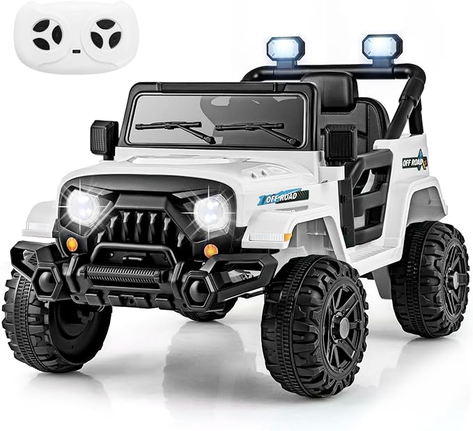 Costzon 12V Kids Ride on Truck Car, Electric Vehicle w/Remote Control, Threaded Wheels, 3 Speeds, LED Lights, Music, Horn & Wireless Connection, Battery Powered Ride on Toy for Boys & Girls 3+ (White)