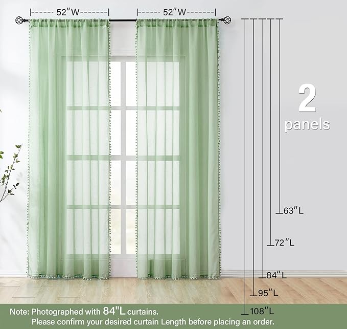 Treatmentex Pom-Pom Green Sheer Curtains for Bedroom 95inches Long Tassle Linen Textured Window Curtain Panels for Living Room Kids Room Kitchen 52" w, 1 Pair, Rod Pocket,Sage Green