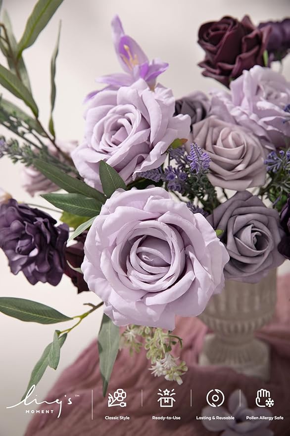 Ling's Moment Artificial Flowers Fake Roses Faux Peony Foam Gardenia Combo for DIY Wedding Bouquets Centerpieces Arrangements Bridal Shower Party Home Decorations, Lavender & Purple, 24pcs