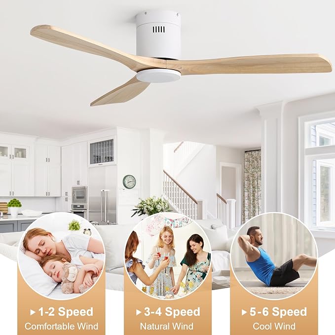 Sofucor 52 Inch Ceiling Fan No Light, Solid Wood Ceiling Fans Without Lights Remote Control, Reversible DC Motor, 6-Speed, Flush Mount Indoor/Outdoor Ceiling Fans for Patios, Bedroom and Farmhouse