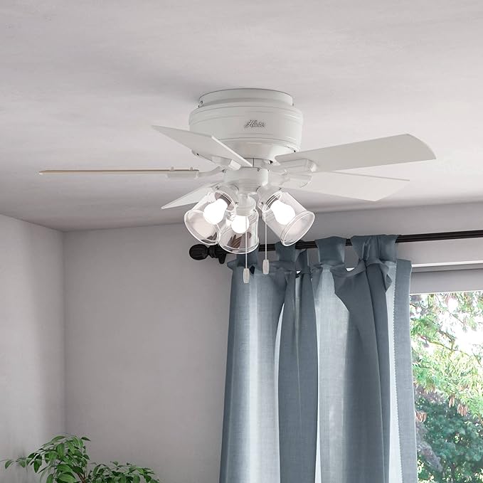Hunter Fan Company 52152, 42 inch Crestfield Fresh White Low Profile Flush Mount Ceiling Fan with Lights LED and Pull Chain