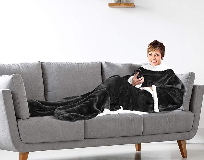 Catalonia Sherpa Wearable Blanket with Sleeves & Foot Pockets for Adult Women Men, Comfy Snuggly Wrap Sleeved Throw Blanket Robe, Gift Idea, Black