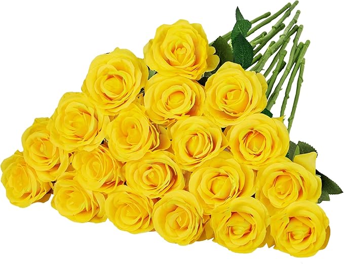 Ouddy Decor 20 Pcs Fake Yellow Roses Artificial Silk Flowers with Long Stems for Valentines Day Decor Wedding Home Party Table Centerpieces Bridal Bouquet DIY Floral Arrangment