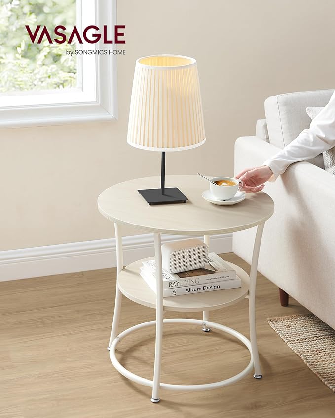 VASAGLE Side Table, 2-Tier Round End Table, Nightstand with Steel Frame for Small Spaces, Living Room, Bedroom, Natural Beige