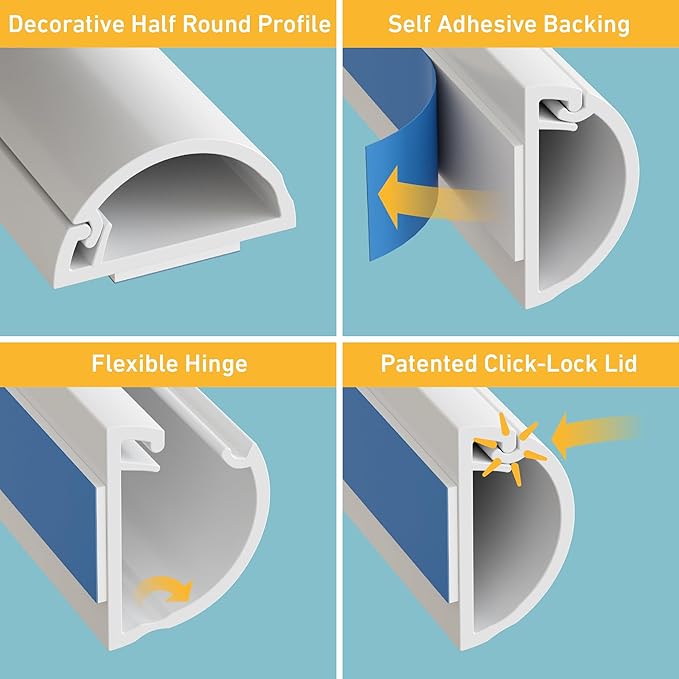 D-Line Half Round Cord Hider, Patented Cable Cover, Hide TV Wall Mount Wires, Raceway for Cords, Decorative Wire Covers, Paintable, Adhesive Cable Concealer, 10x 0.78in W x 0.39in H x 15.7in L, White