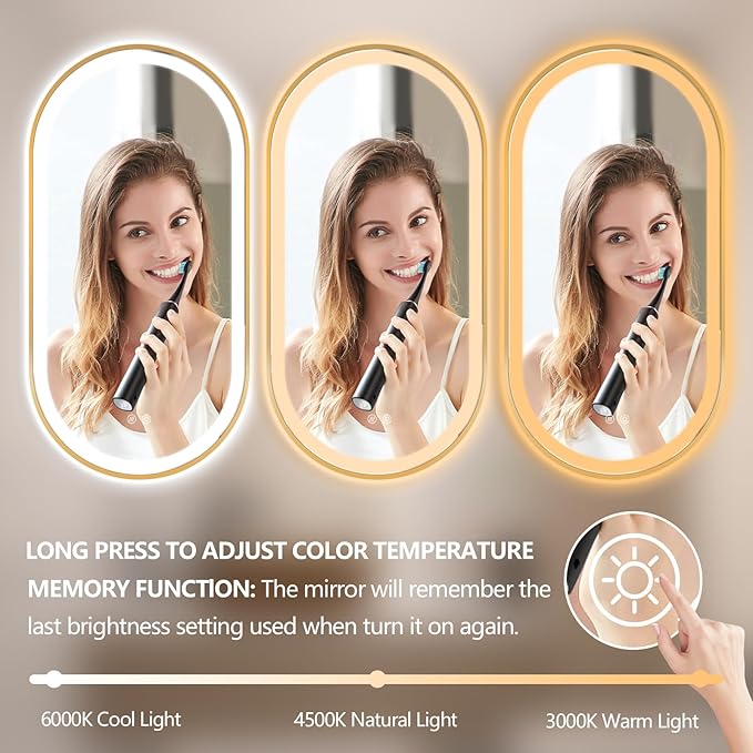 Niccy Oval LED Mirror for Bathroom, 48x24 Front Lit + Backlit Vanity Mirror with Light Anti-Fog, Shatter-Proof, 3 Colors, Makeup Mirrors with Gold Frame (Horizontal/Vertical)