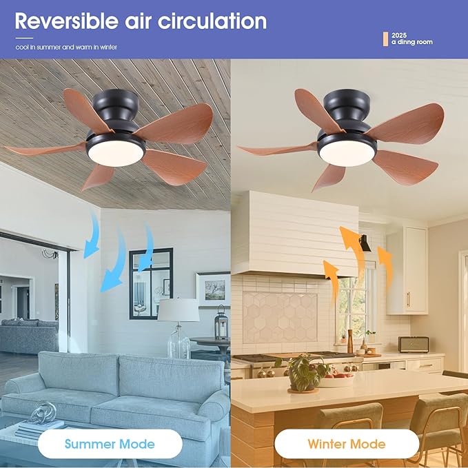 32 Inch Modern Ceiling Fans with Lights, Small Flush Mount Ceiling Fan with Light and Remote/APP Control, 5 Reversible 6 Speeds Curved Blades, 3 CCT Dimmable Lights for Kids Room, Brown