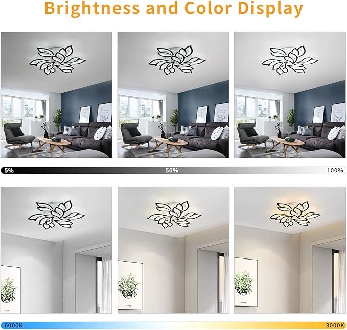Garwarm LED Ceiling Light, Dimmable Modern Flower Shape Flush Mount Ceiling Lamp, 75W Acrylic Petals Ceiling Chandelier Lighting with Remote Control for Living Room Bedroom Dining Room (Black)